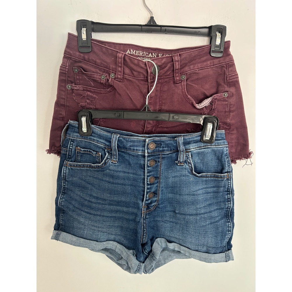 Lot of 2 Hollister & American Eagle High Rise Denim Shorts Burgundy Blue Sz 4 5